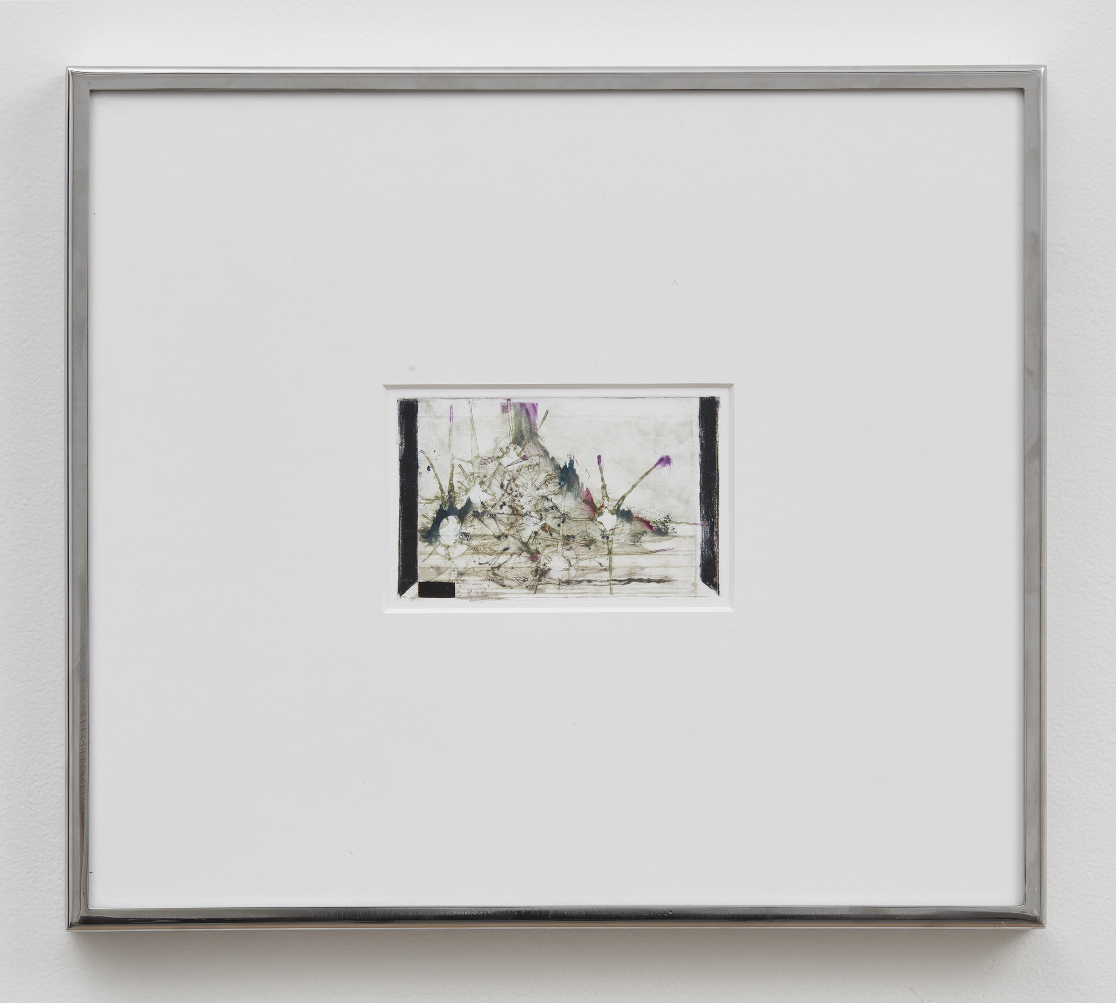 <i>Festhalle I</i>, 2024. Multilayered intaglio on paper, Stainless steel frame, 16 x 18 1/8 in (40.5 x 46 cm)